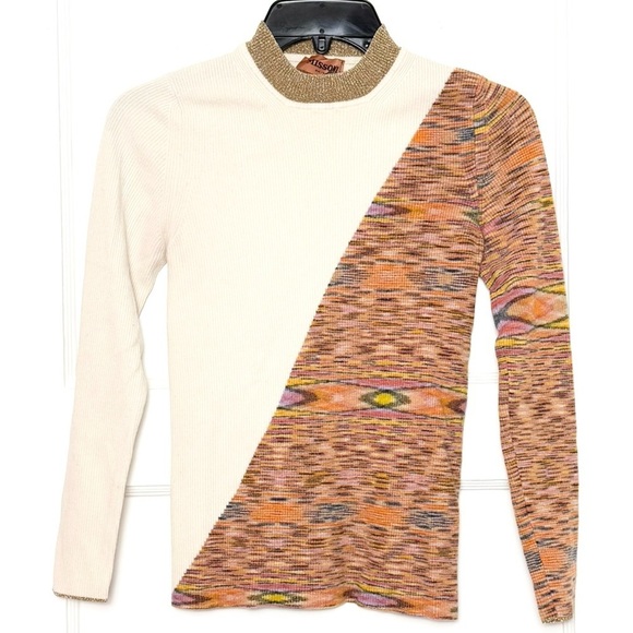 MISSONI Wool Rib Knit Asymmetric Colorblock Long Sleeve Mockneck Slim Sweater M - Picture 4 of 10